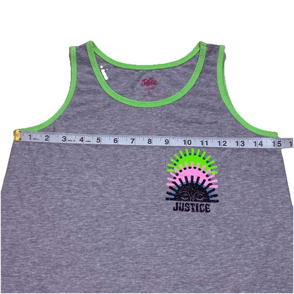 Justice Girls Grey Tank Top Neon Green Trim Graphic Pocket Size L 12/14